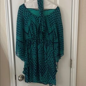 AUW Teal and Black Triangle-Print Tie-Neck Long Sleeve Dress